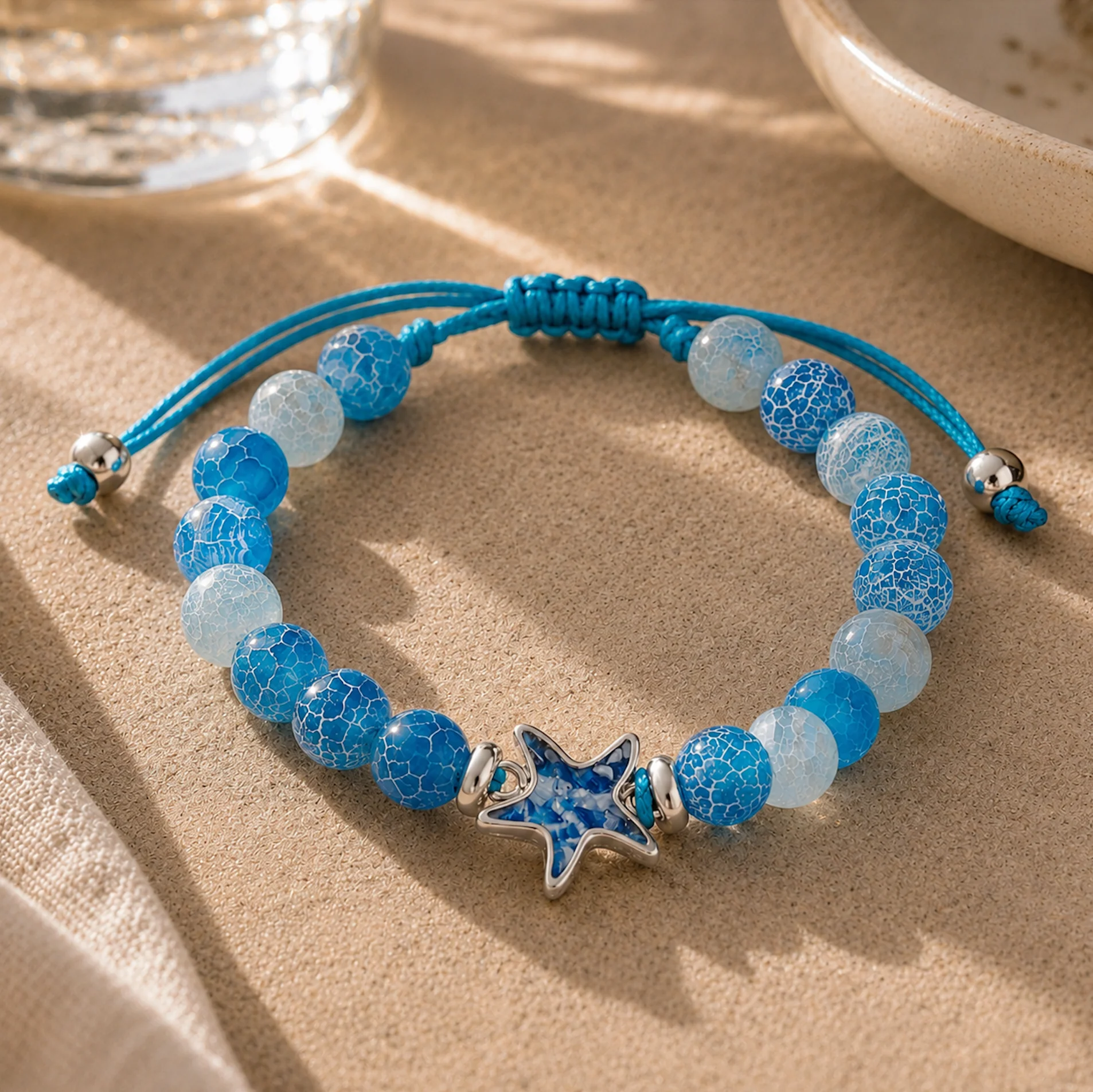Dune Jewelry x 4ocean - Beaded Bracelet Adjustable - Starfish - Weathered Agate - Blue Plastic - Image 3